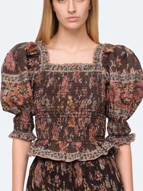 Sea New York Tess Smocked Floral Top - Brown Floral